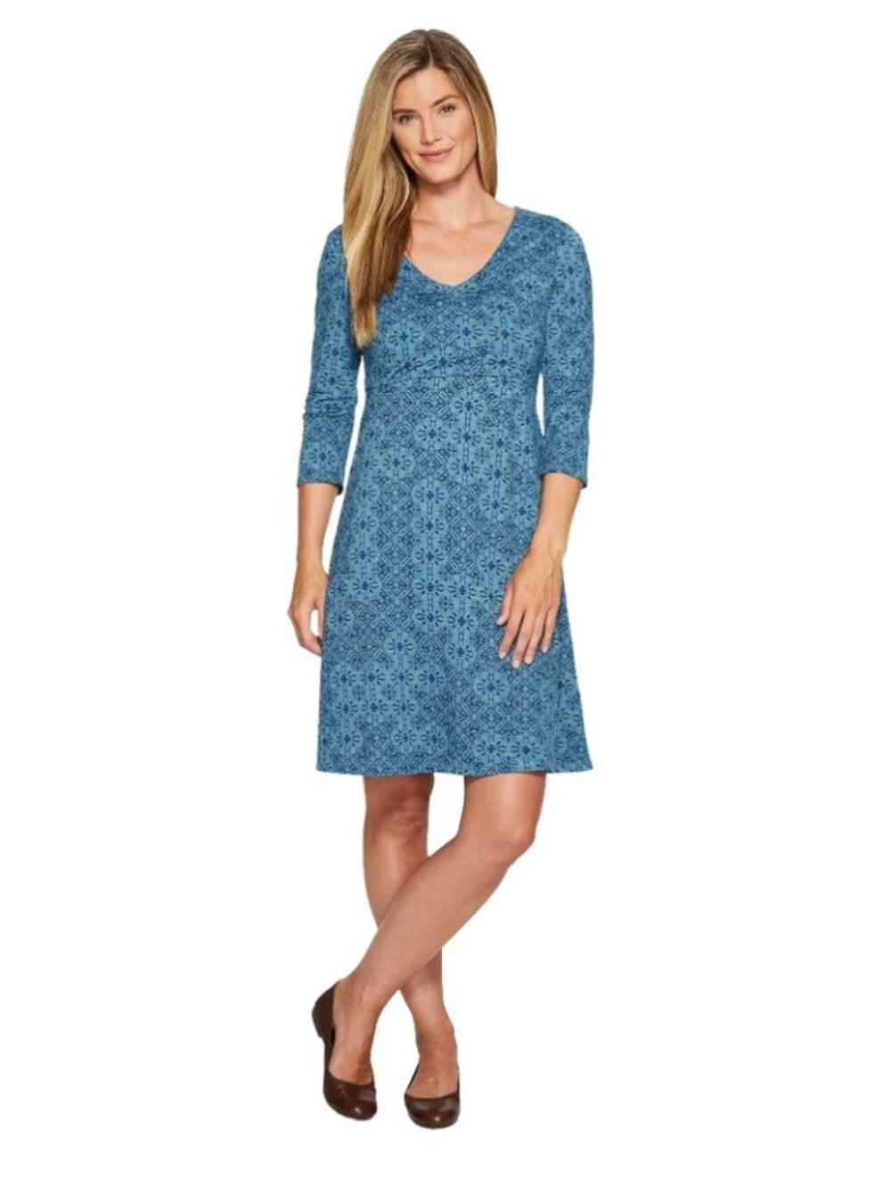 Toad&Co Rosalinda Dress L Blue 3/4 Sleeve Organic Cotton Stretch Outdoor Hiking